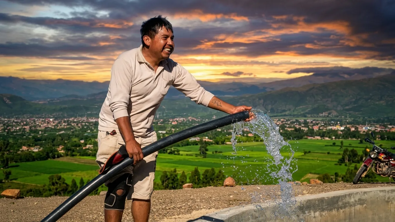 Productor regando su cultivo con bombeo solar al atardecer